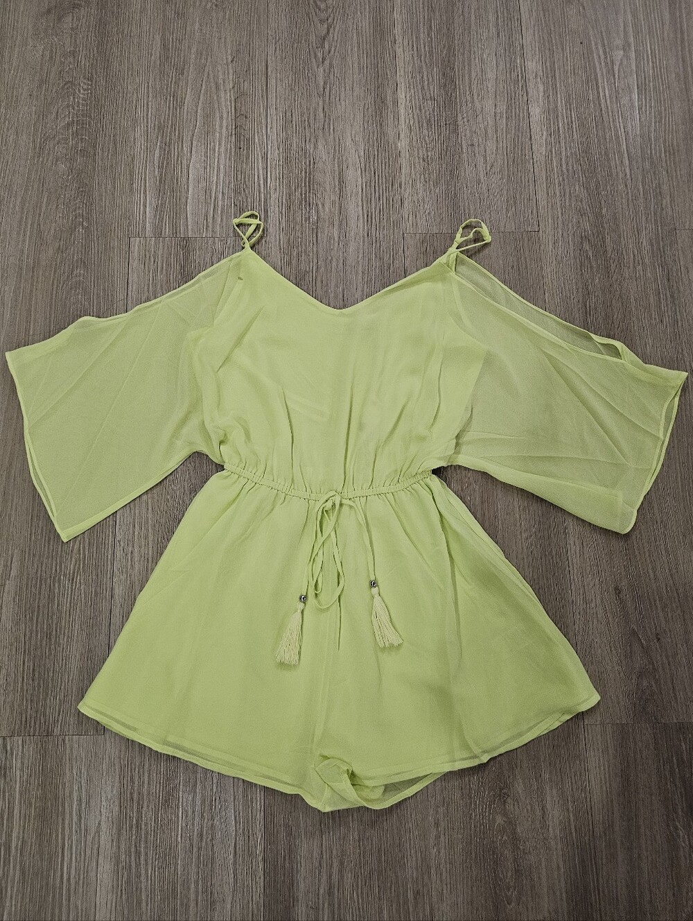 NWT Naked Zebra Neon Lime Green Cold Shoulder Romper With Tassles in Small - Picture 1 of 6